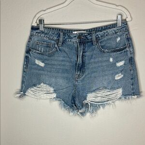 Distressed Blue Jean Shorts with Raw Hem